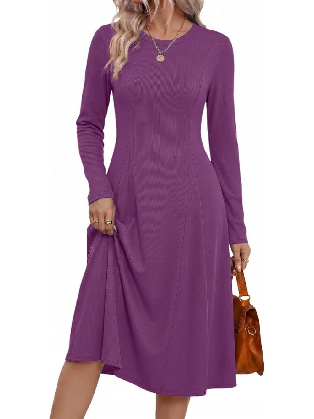 Women's Purple Sweater Crew Neck Long Sleeve Ribbed Knit A Line Flowy Midi Dress